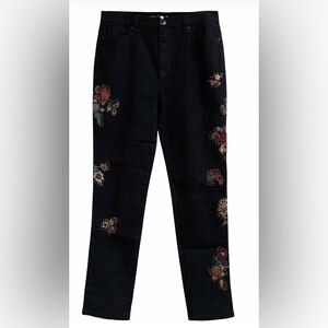 DG2 by Diane Gilman Black Pants with Signature Floral Embroidered Detail